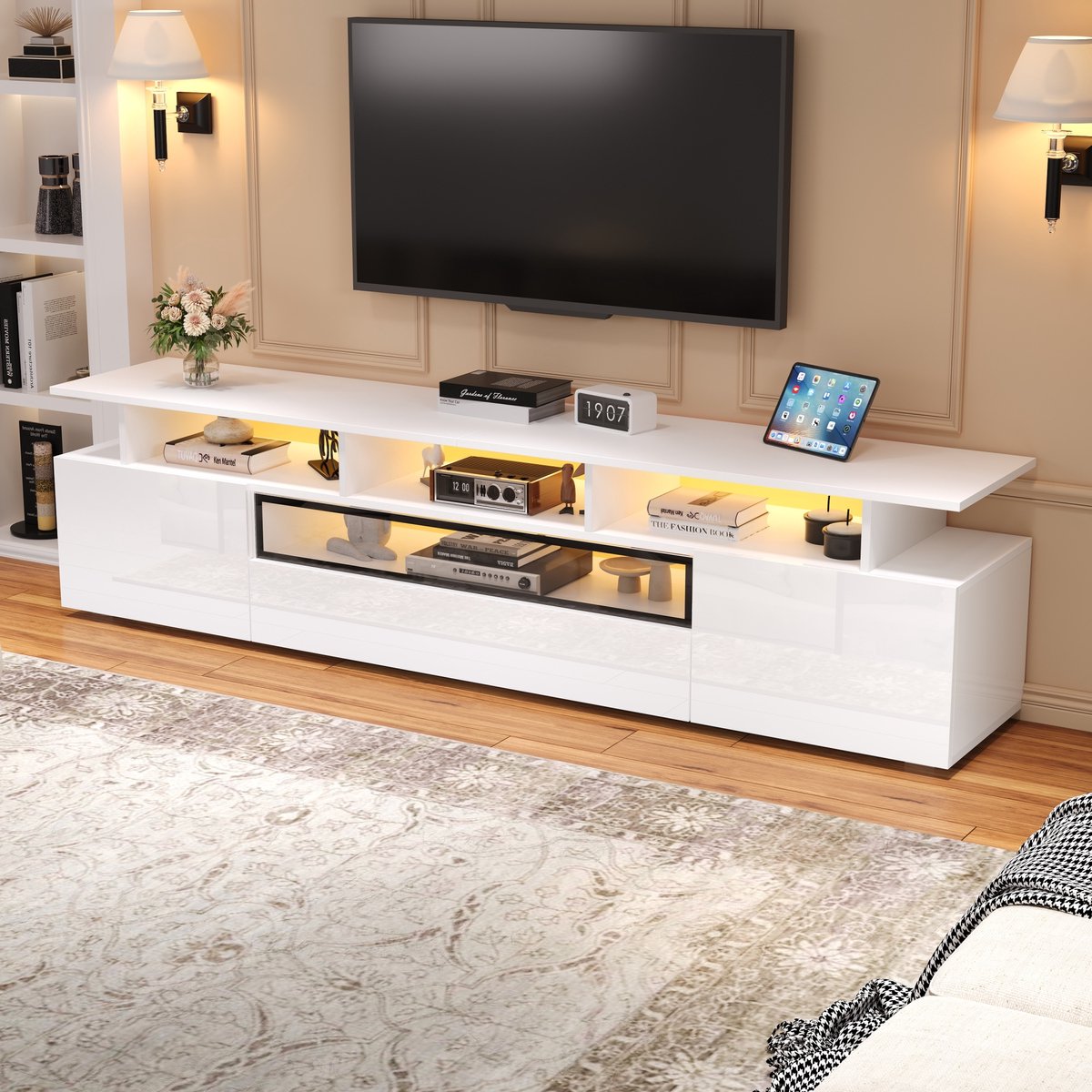 Clruro TV-Meubel - 180 x 38 x 45 cm - Hoogglans Lowboard met LED, 2 Deuren en 1 Lade - MDF - Wit