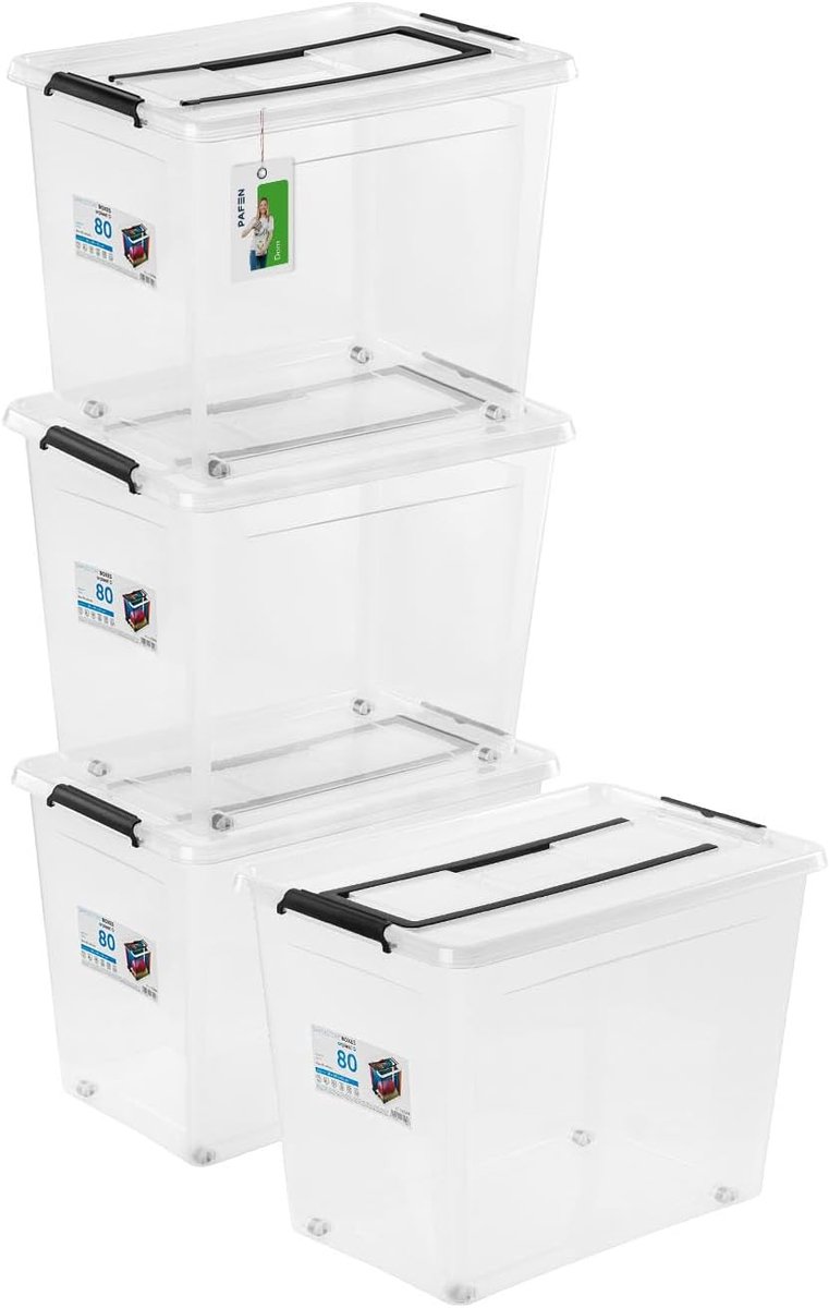 Grote Opbergbox 80L met Wielen en Handvat - Stapelbaar en Transparant