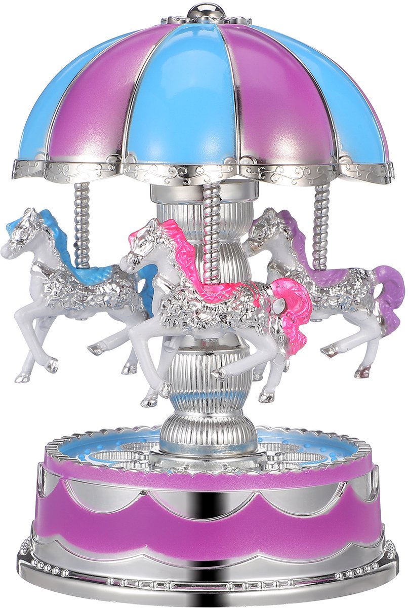 Carrousel Muziekdoos met 3 Draaiende Paarden – Paars LED-verlichte Koepel – Romantische Decoratie en Cadeau voor Haar