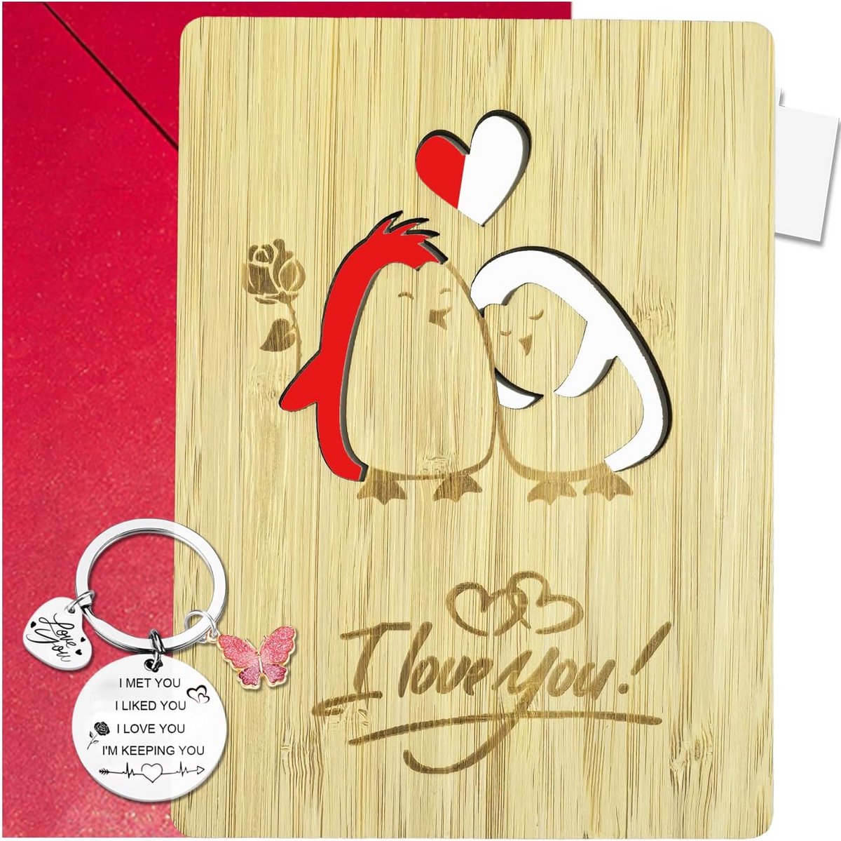 Houten Wenskaart Set met Geldhouder en Hart Sleutelhanger - Valentijn & Verjaardag Cadeau voor Partners