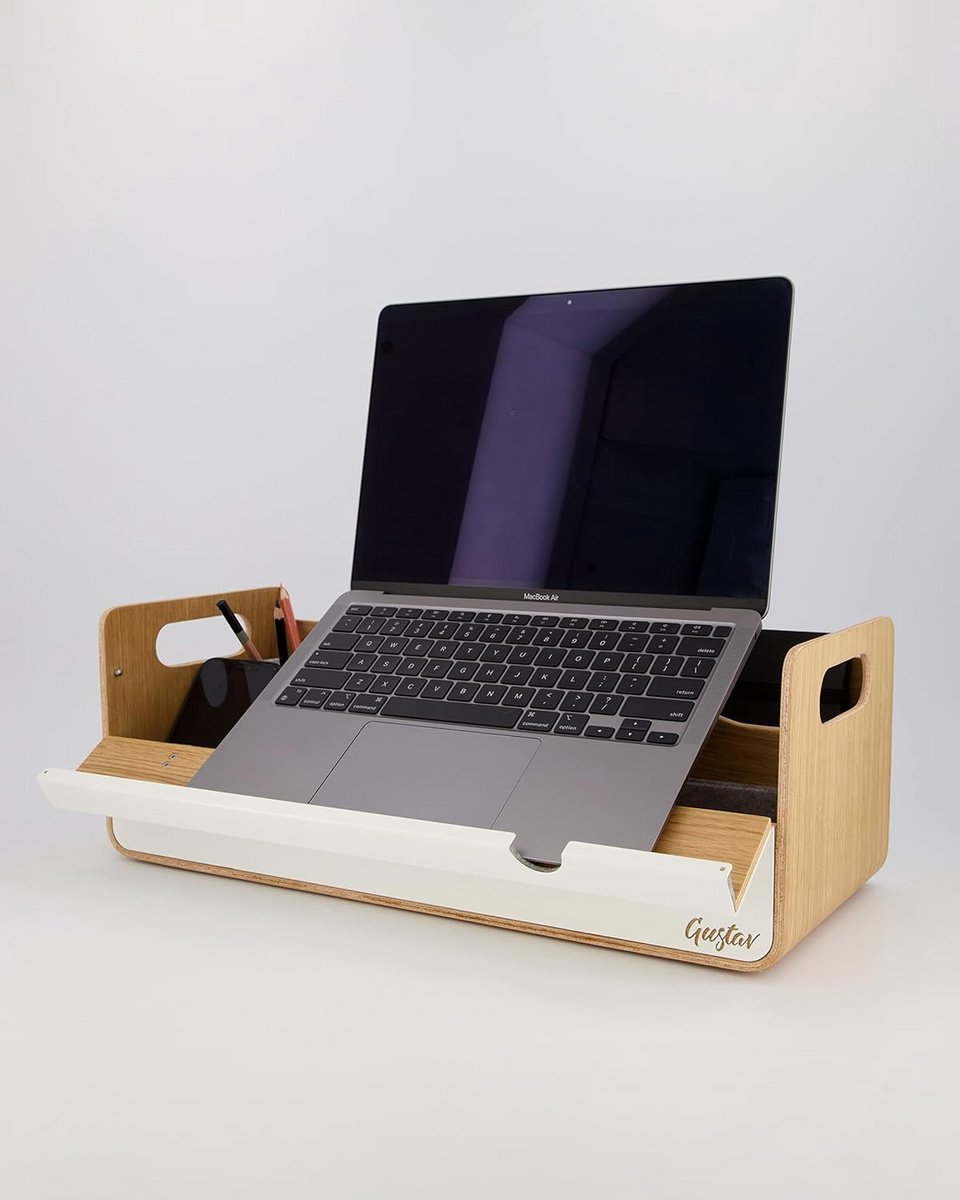 Ergonomische Houten Laptopstandaard XL met Organizer en Telefoonhouder