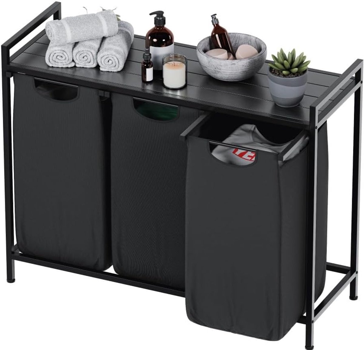 Wasmand met 3 vakken en opbergplank - Uitneembare wassorteerbak met metalen frame
