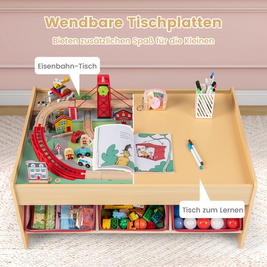 COSTWAY Houten spoorbaanset met tafel, 94-delige spoorwegset met 2 omkeerbare tafelbladen, 3 stoffen laden, 2-in-1 speeltafel met accessoires van hout, activiteitstafel voor kinderen vanaf 3 jaar van COSTWAY — afbeelding 5