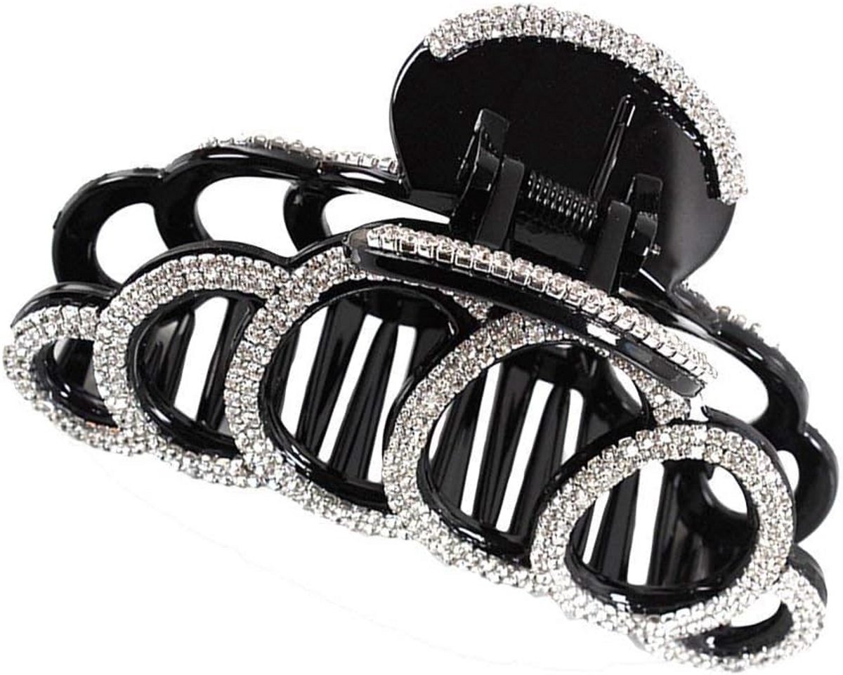 Grote Haarspeld Zwart, Sterke Acryl Haarclip met Strass Steentjes voor Dik Haar