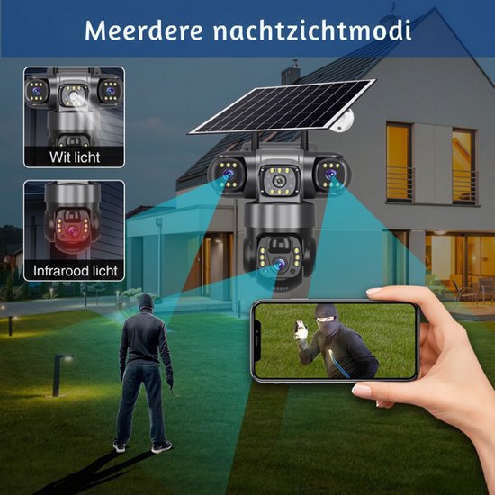 Narvie 3 Lens Solar Beveiligingscamera Wifi - 6MP - PTZ Draaibaar - Nachtzicht - PIR & Radar Detectie - V380 Pro - IP66 van Merkloos — afbeelding 5