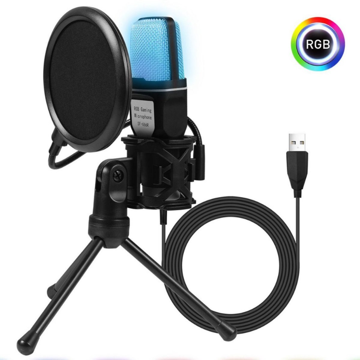 RGB-microfoon voor livestreaming en -opname, microfoon voor livestreaming in muziekopnamestudio's, broadcast-opnameapparatuur met statief.