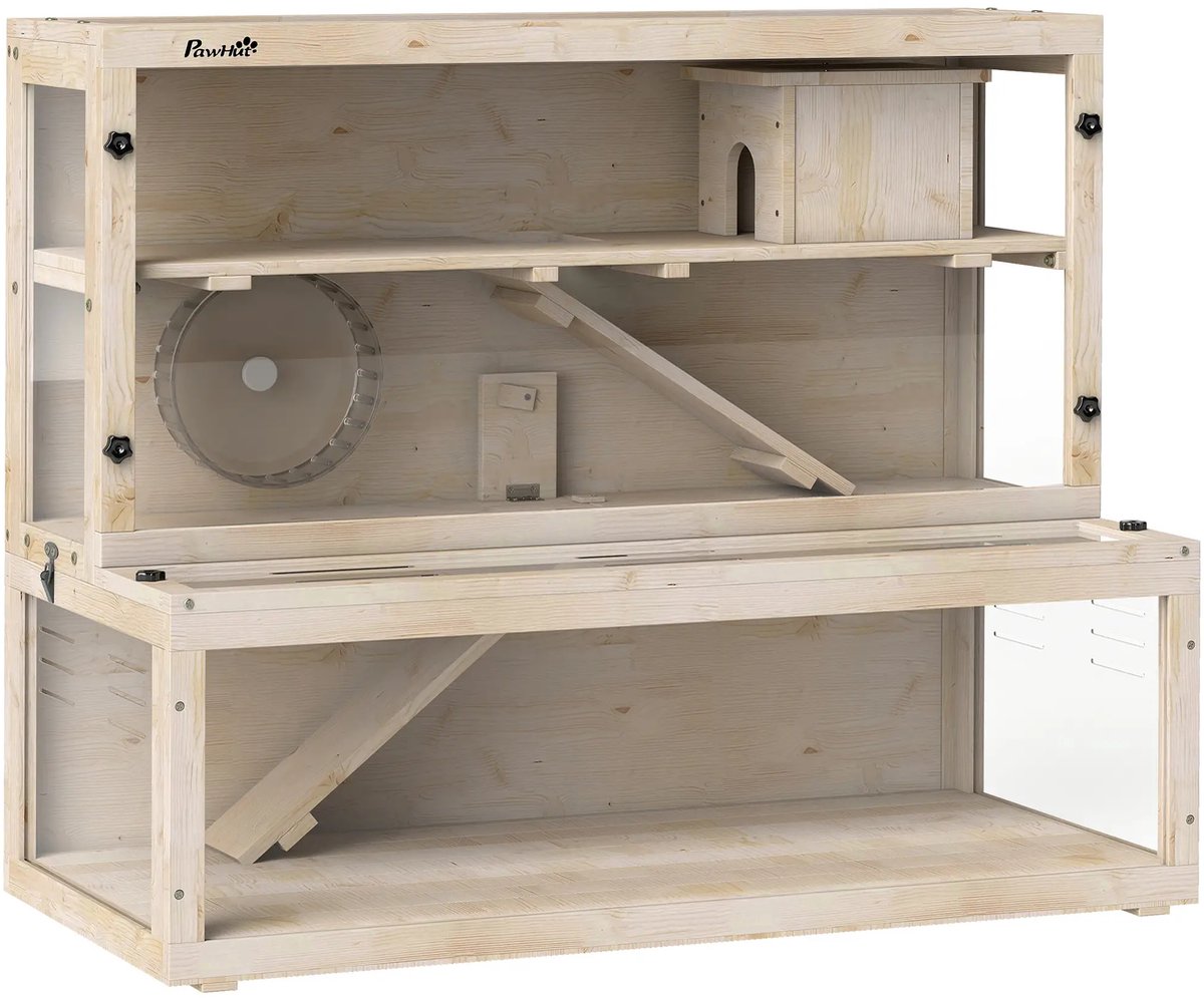 Hamsterkooi - 3 Niveaus - Verwijderbare lade - Hout - 100B x 50D x 84H cm - Natuurlijk