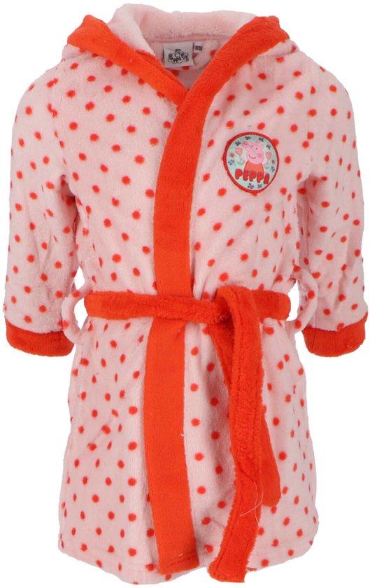Robe de chambre rose pour enfant à pois rouges, capuche et bordure orange. Avec application Peppa Pig.