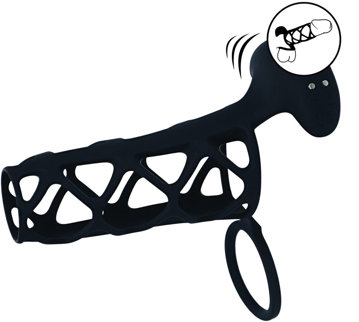 Vibrerende Kooi Silicone Penis Huls en Balring - Zwart