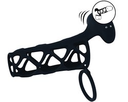 Vibrerende Kooi Silicone Penis Huls en Balring - Zwart