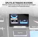 Detailopname van DJ-controllerknoppen: 'loop', 'vinyl', 'muzieknoot'-icoon en microfoon-icoon.