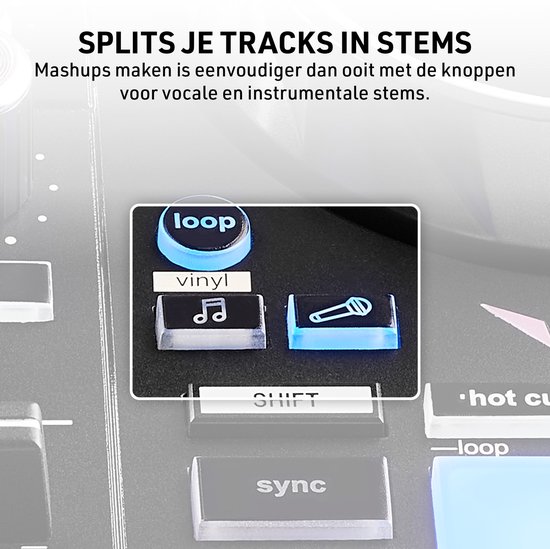Detailopname van DJ-controllerknoppen: 'loop', 'vinyl', 'muzieknoot'-icoon en microfoon-icoon.