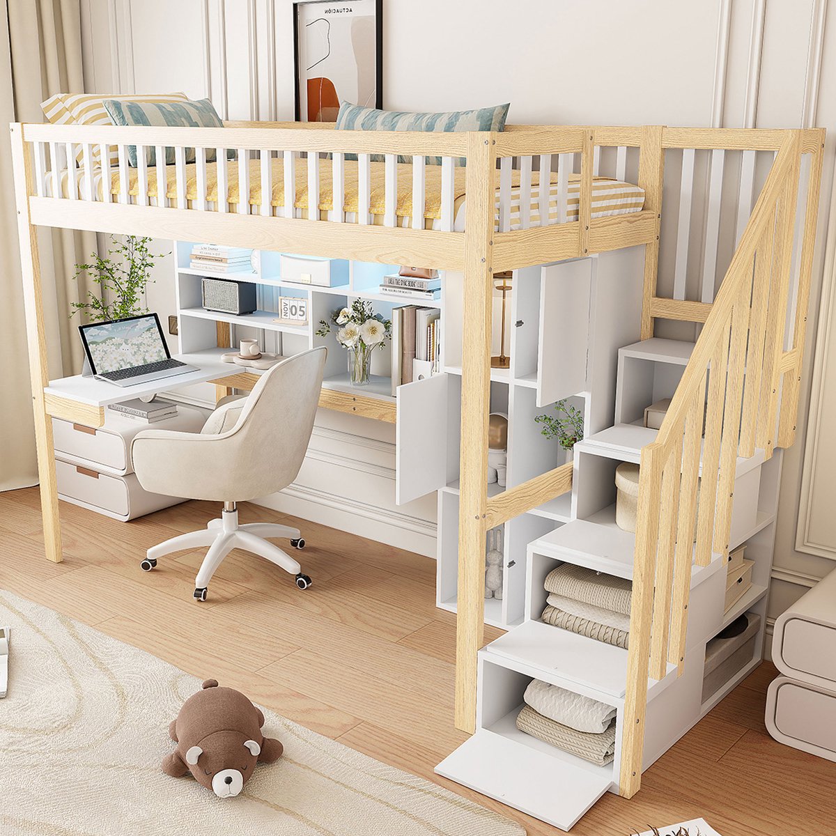 Wishdor Hoogslaper 90x200 cm - Bureau, opbergladder, planken & led - Grenen en MDF - Wit/Naturel - Creëer een efficiënte studeer- en slaaphoek Wit + natuurlijke