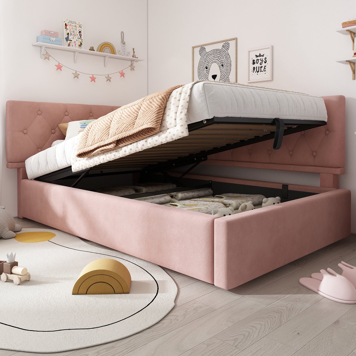 Wishdor Dagbed 90x190 cm - Hydraulische opbergruimte & verstelbaar hoofdbord - Fluweel - Roze - Vrolijke en flexibele tienerkamer