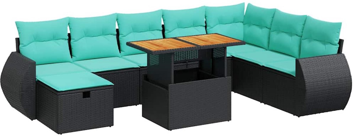vidaXL 9-delige - Loungeset - met - kussens - poly - rattan - acacia - bruin zwart