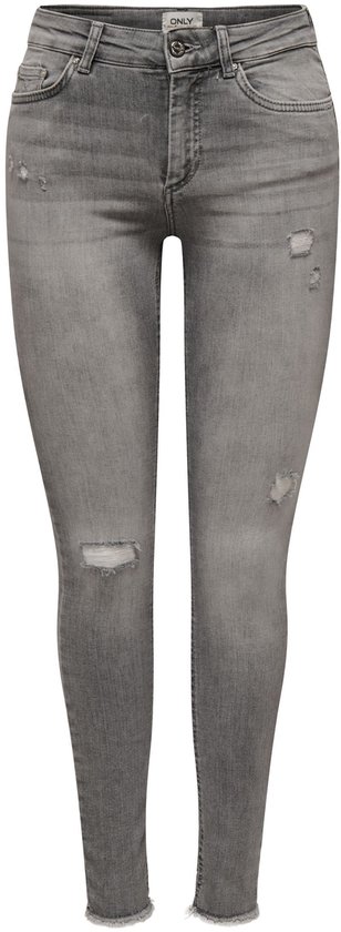 Grijze skinny jeans met gescheurde details en rafelende zoom aan de onderkant.