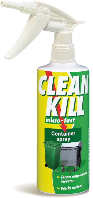 Clean Kill micro-fast container spray met afbeeldingen van een groene en grijze container.