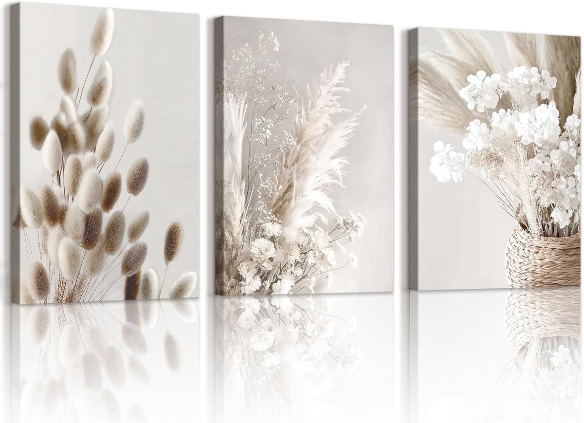 Set van 3 Beige Bloemen Canvas Schilderijen Ingelijste Kunst voor Woonkamer en Slaapkamer