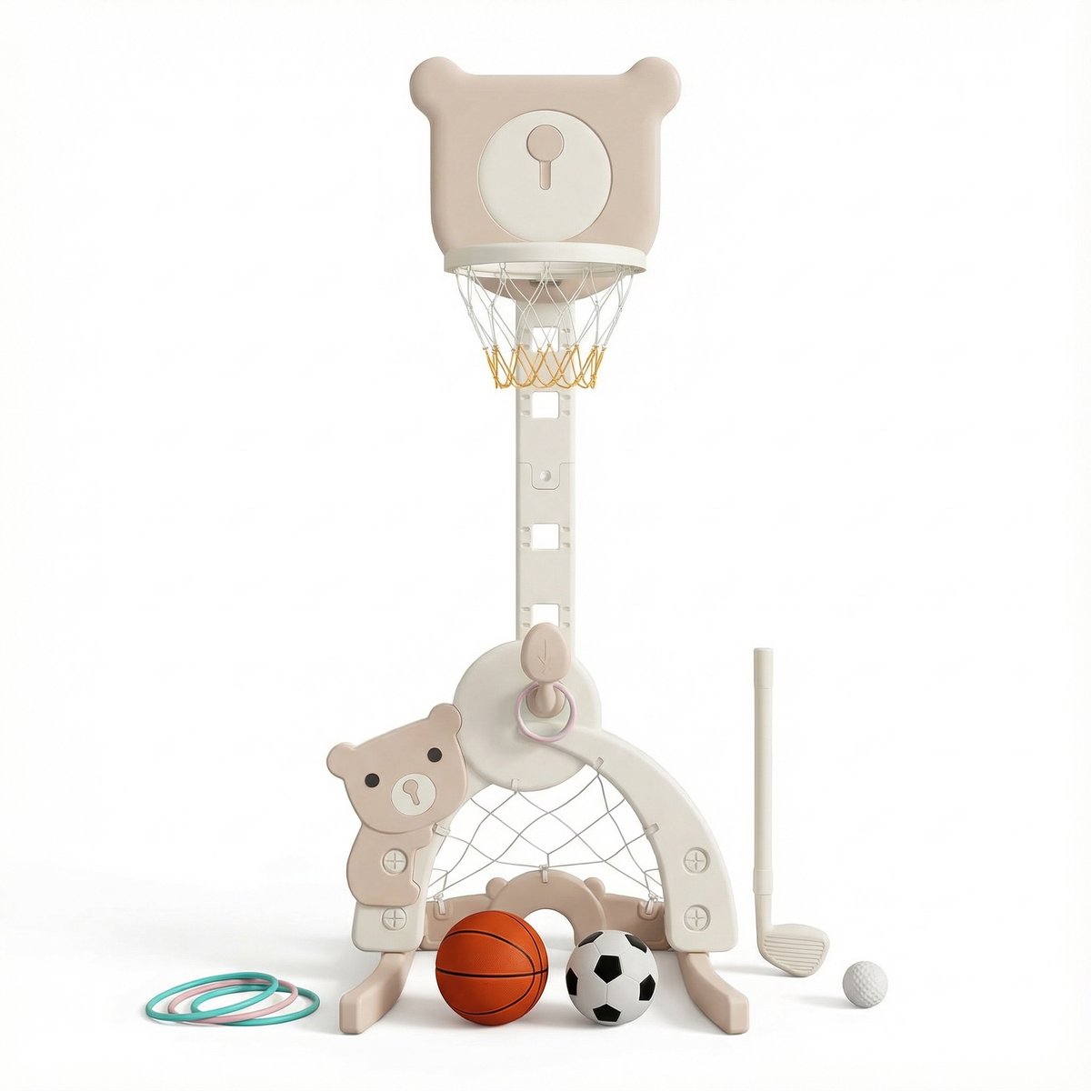 Basketbalstandaard 3 in 1, met voetbaldoel en golfset Beer Beige | Russle