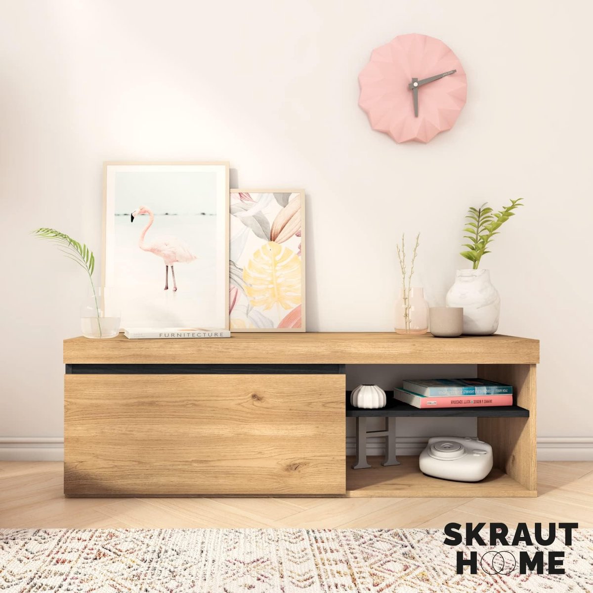 TV-kast Urbanhome Nordico – Scandinavisch design, 120 x 40 x 41 cm – lage TV-meubel met 1 deur en 3 planken – Melamine eiken en zwart – Opbergruimte voor woonkamer en slaapkamer