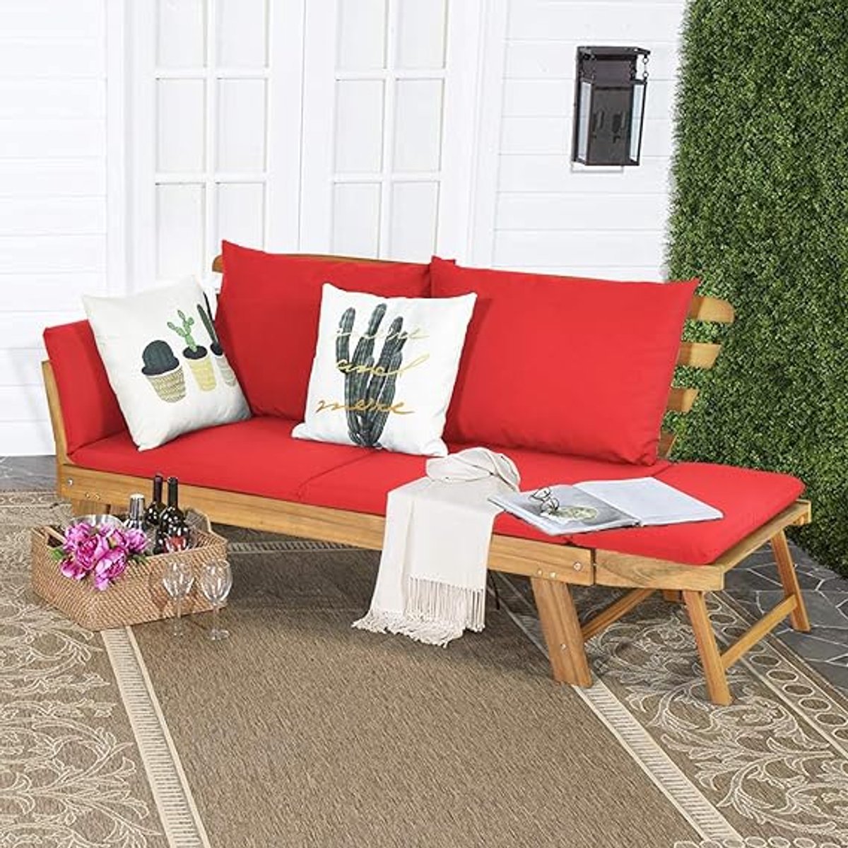 Luxe Verstelbare 2-Persoons Tuinbank met Kussen – Ligstoel & Multifunctionele Lounger voor Balkon, Terras en Tuin – Rood – Houten Outdoor Bank van Acaciahout – Comfortabele Outdoor Zithoek House&Garden