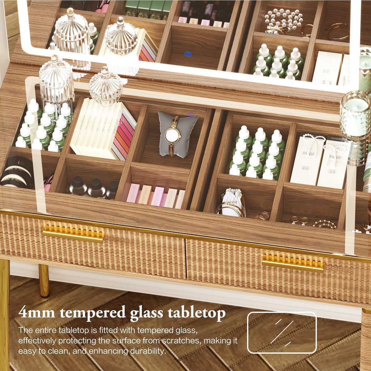 Make-up Schminktisch mit LED Spiegel, 5 Schubladen, Steckdosen & Glasplatte, 120 cm, Moderner Kosmetiktisch für Schlafzimmer und Wohnzimmer – Eiche – Pauwhome