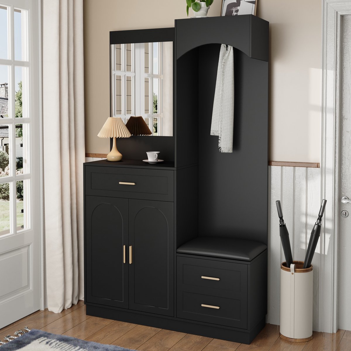 MIVRAY Garderobekast - Multifunctionele Halcombinatie Met Spiegel En Schoenenbank - Verstelbare Planken En Lades - MDF - Zwart - 110x33x185,5 Cm