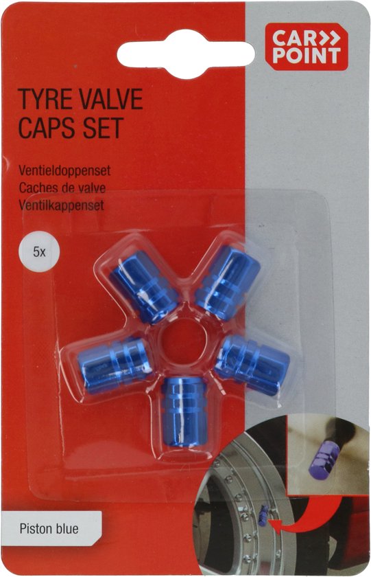 Verpakking met vijf blauwe aluminium ventieldoppen, met detailafbeelding