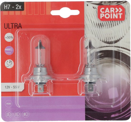 Set van twee H7 halogeenlampen in plastic verpakking, met tekst 'ULTRA +50%'.