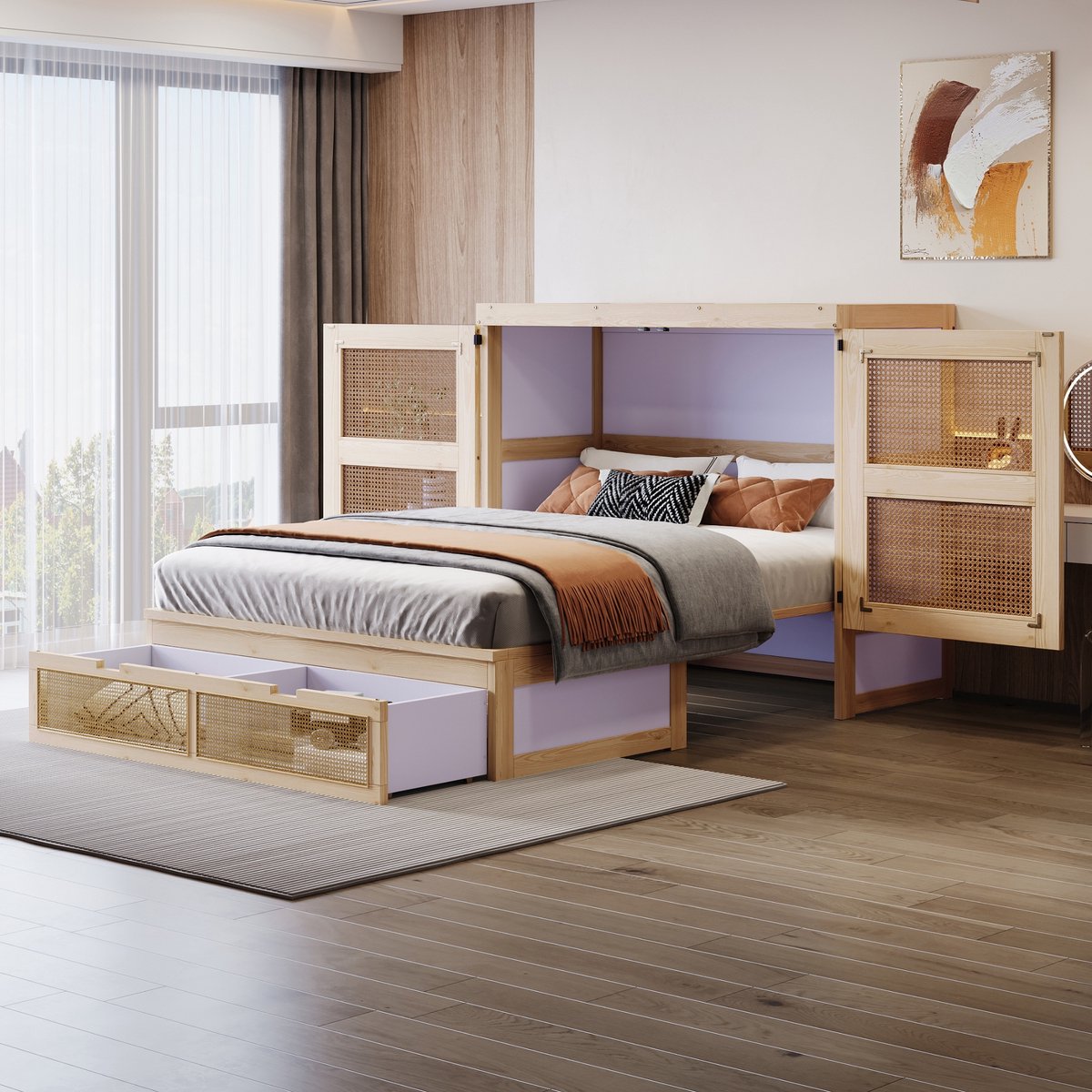 Sweiko Opklapbed - 140 x 200 cm - Opbergkast - 2 lades - Rieten ontwerp - Wit + Natuurlijke