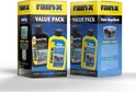 Twee Rain-X Value Pack dozen, de ene voor Anti-Fog, de andere voor Rain Repellent. Beide dozen zijn geel en zwart.