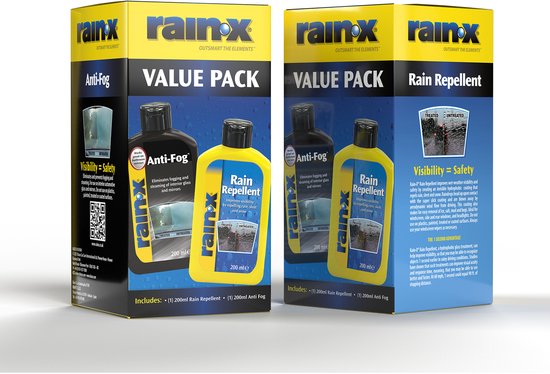 Twee Rain-X Value Pack dozen, de ene voor Anti-Fog, de andere voor Rain Repellent. Beide dozen zijn geel en zwart.