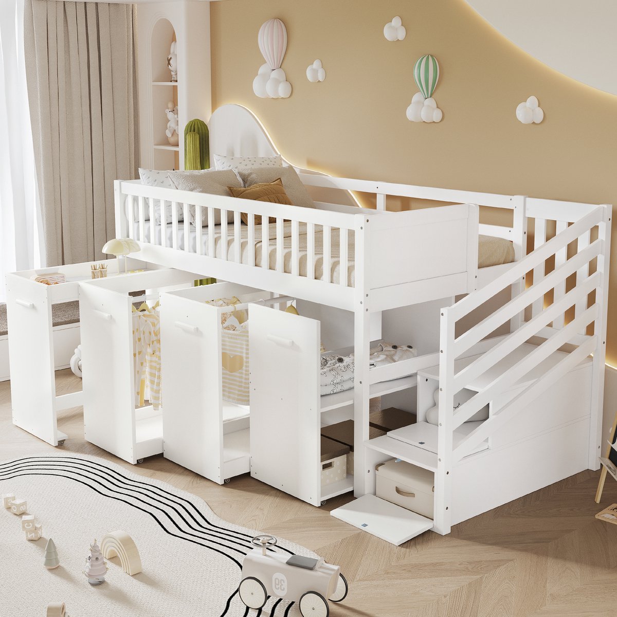 MIVRAY Stapelbed 90x200cm - Kinderbed Met Bureau En Kledingkasten - Met Opbergtrap En Veiligheidshek - Hout - Wit - Zonder matras