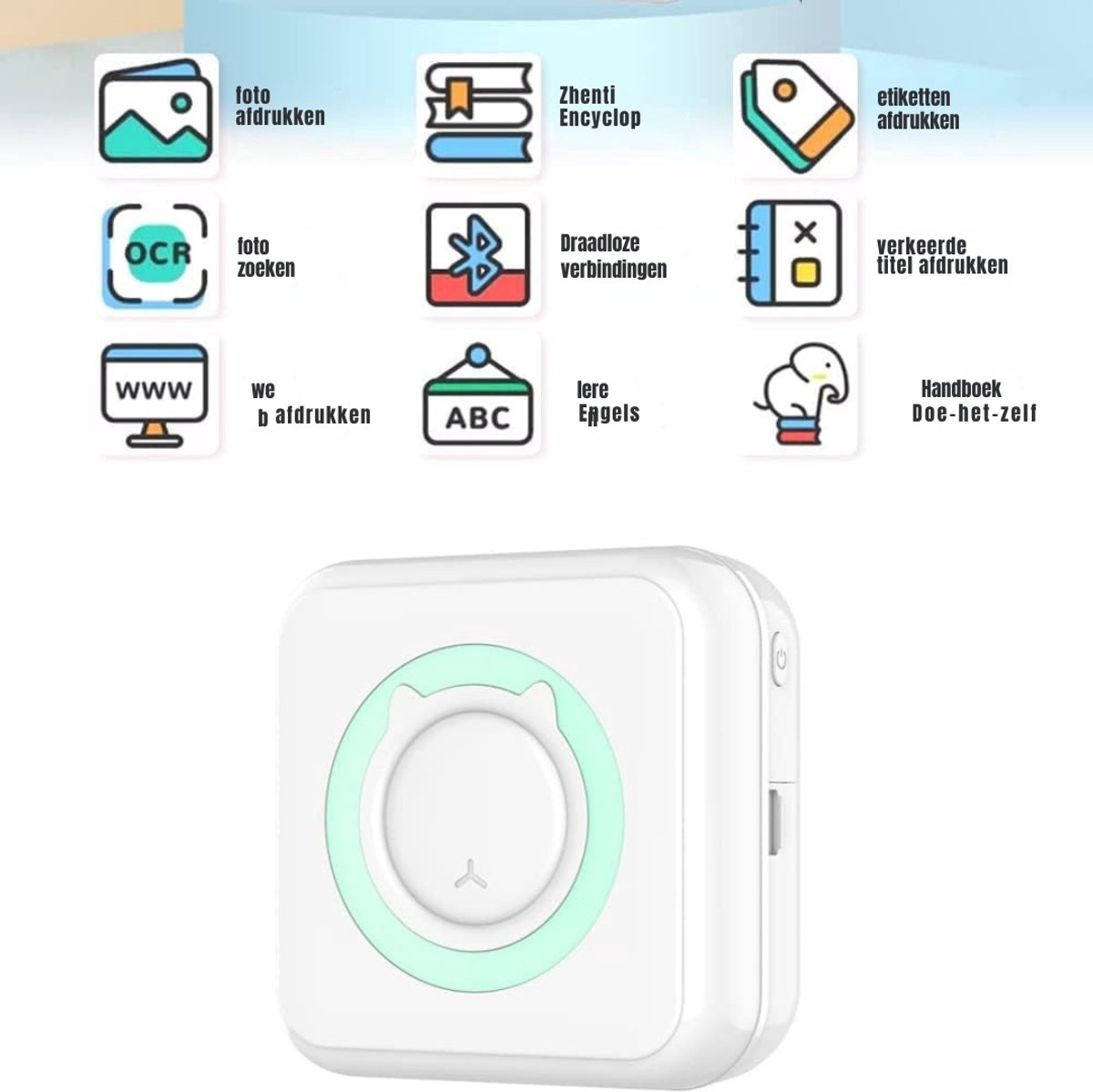 Aurixi® Mini Printer – Inclusief Thermisch/Zelfklevend/Etiket-Papier, USB-kabel, Aquarelpen, Transparant Sticke – Foto Printer Draadloos – Mobiele Fotoprinter - Wit/Mintgroen - 10cm x 10cm x 4cm thumbnail 2