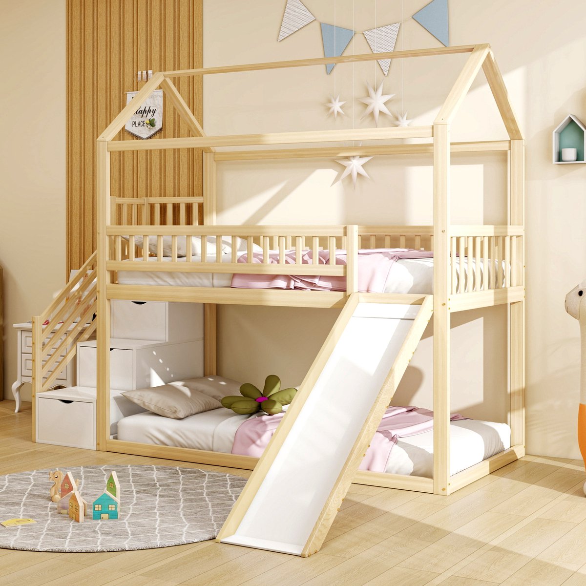MIVRAY Kinder Hoogslaper 90x200 cm Zonder Matras - Met Glijbaan En Opbergtrap - Hoge Veiligheidshekken - Houten Frame - Naturel