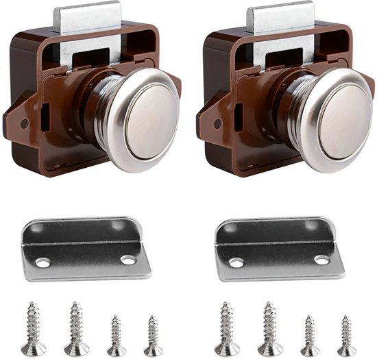 Twee bruine drukknopsloten met zilverkleurige knop, inclusief montageplaatjes en schroeven.