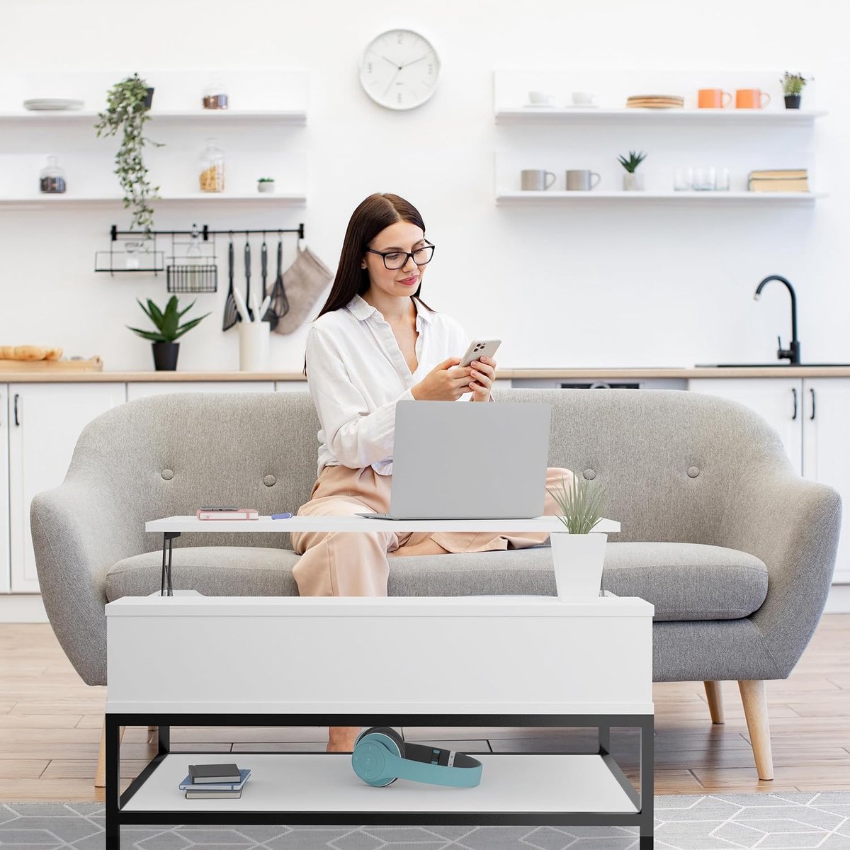 Ovale Salontafel met Opbergruimte en Stoffen Mand 100 x 55 x 45,7 cm – Moderne Woonkamertafel / Bijzettafel met Metalen Frame – zwart leigrijis – Pauwhome