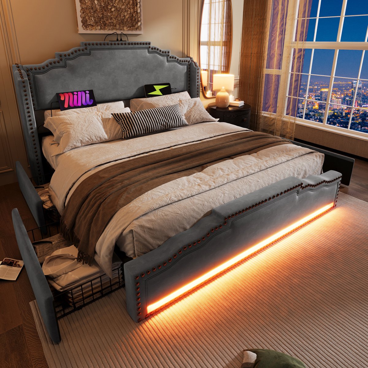 MIVRAY Gestoffeerd Bed 140x200 Cm - Tweepersoonsbed Met Ledverlichting En Usb Aansluitingen - Met 4 Lades - Fluweel - Grijs - Zonder Matras