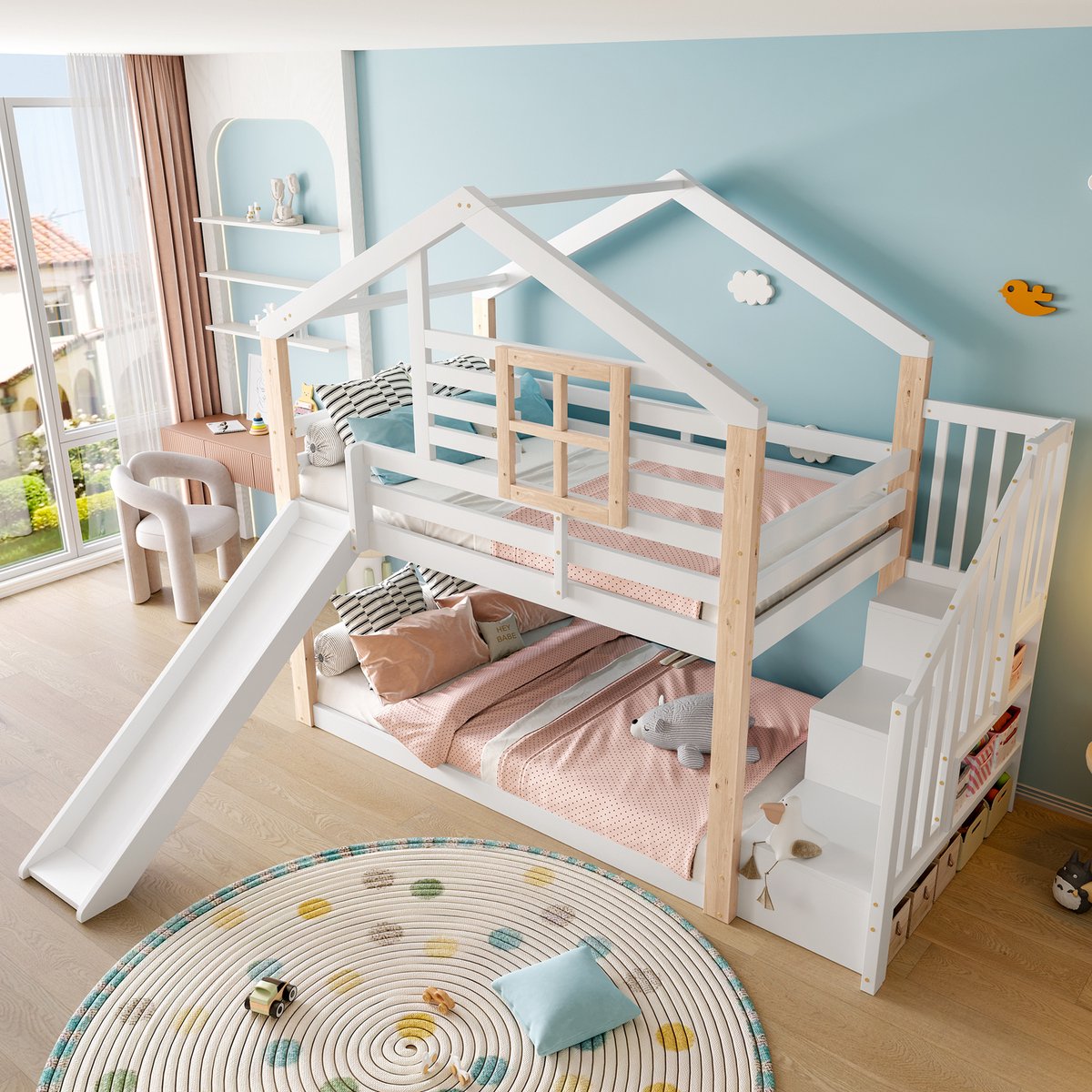 MIVRAY Kinder Stapelbed 90x200cm - Met Glijbaan En Trap Met Opbergvakken - Met Veiligheidshekje - Hout - Wit - Zonder matras