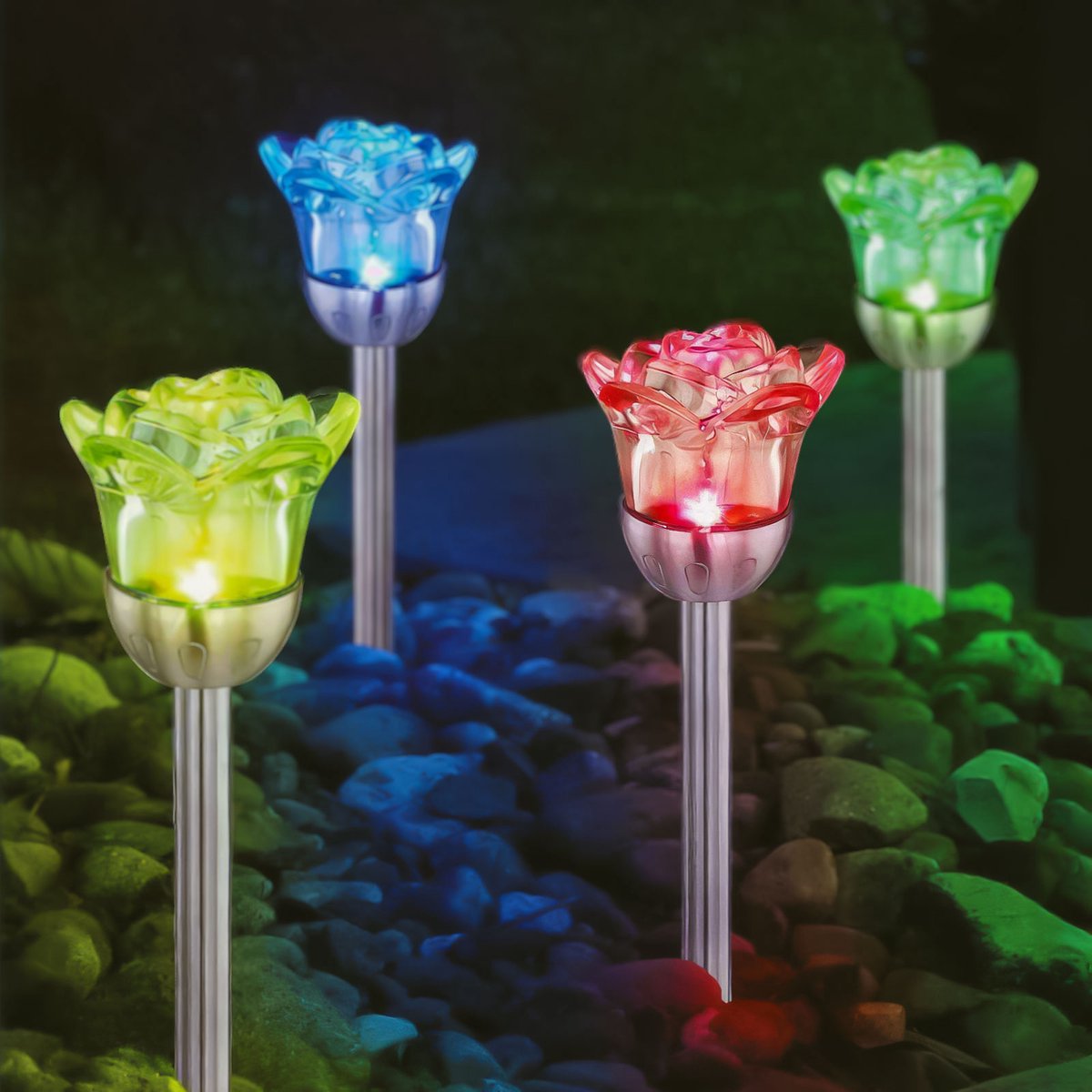 Solar Lantaarn Met Roos Op Steker – RGB LED – 36,5 Cm – Tuinverlichting Op Zonne-Energie Met Schemersensor En Sfeerverlichting [11774]