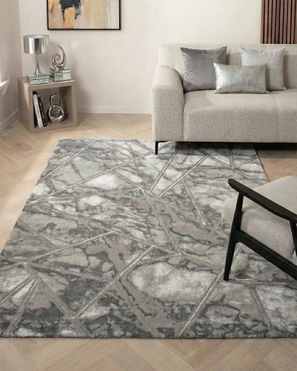 Flycarpets Marble Lines Laagpolig Marmer Vloerkleed - Grijs / Zilver - Luxe Tapijt - 200x290 cm