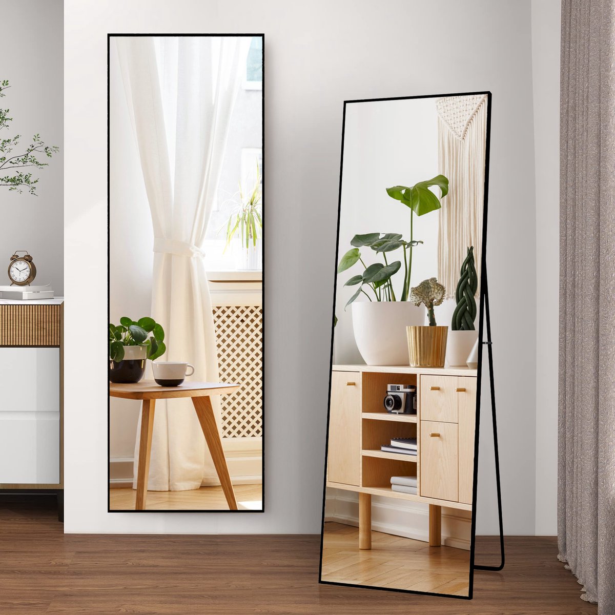 Rechthoekige staande spiegel van 173 x 63 cm met frame van aluminiumlegering en explosiebestendig gehard glas, geschikt voor slaapkamer, woonkamer en kledingkast, zwart
