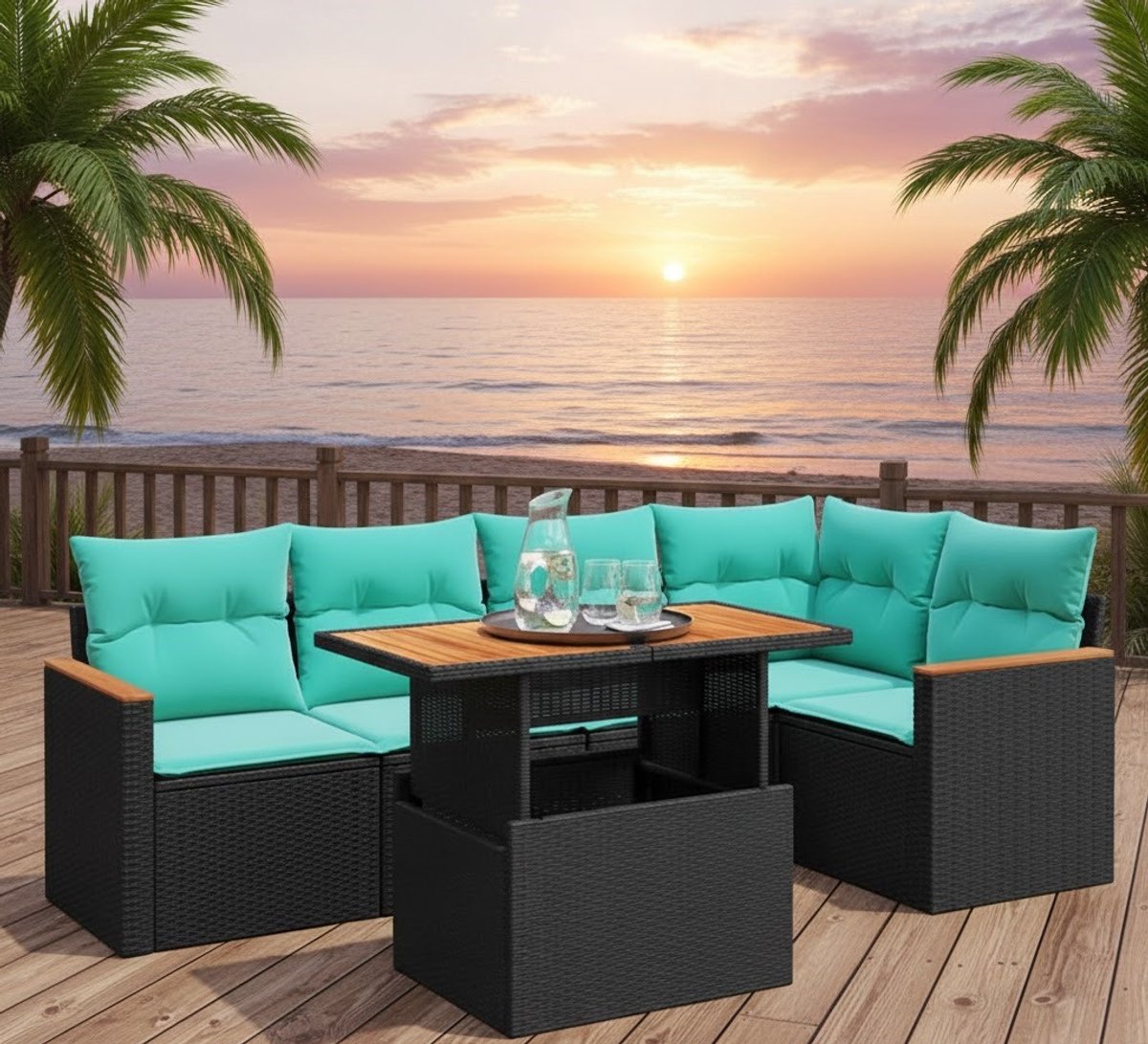 Luxe 6-delige Tuin Loungeset Zwart – Hoekbank met Kussens, Poly Rattan, Verstelbare Tafel & Opbergruimte – Comfortabele Buitenbank voor Tuin, Terras en Balkon House&Garden
