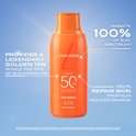 Oranje Lancaster fles met SPF 50, die 100% van het zonnespectrum beschermt en helpt bij het herstellen van zonbeschadiging.