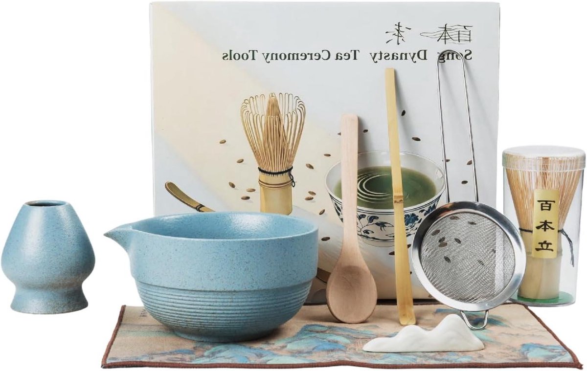 Matcha set van 8 delen inclusief Matcha-kom, Handmixer, Standaard en meer