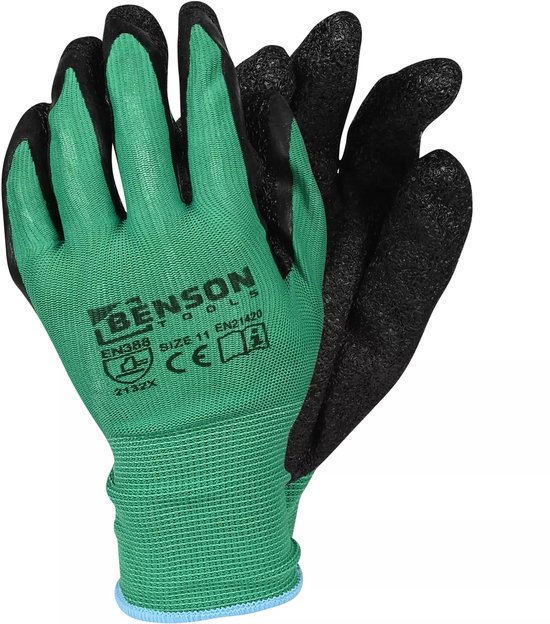 Groene werkhandschoenen met zwarte latex coating, maat 11.