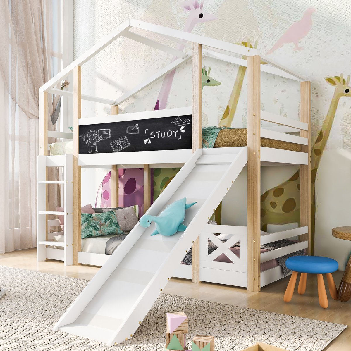 REDOM Stapelbed 90x200 cm – Kinderbed met Glijbaan en Ladder – Boomhuis Design met Krijtbord – Veilig Bed voor Kinderen – Massief Grenenhout en MDF – Wit