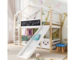 REDOM Stapelbed 90x200 cm – Kinderbed met Glijbaan en Ladder – Boomhuis Design met Krijtbord – Veilig Bed voor Kinderen – Massief Grenenhout en MDF – Wit