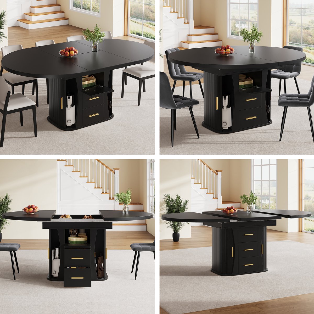 Clruro Eettafel - 118-158 cm - Uitschuifbare Ronde Eettafel met 3-laags Opbergrek - MDF - Zwart