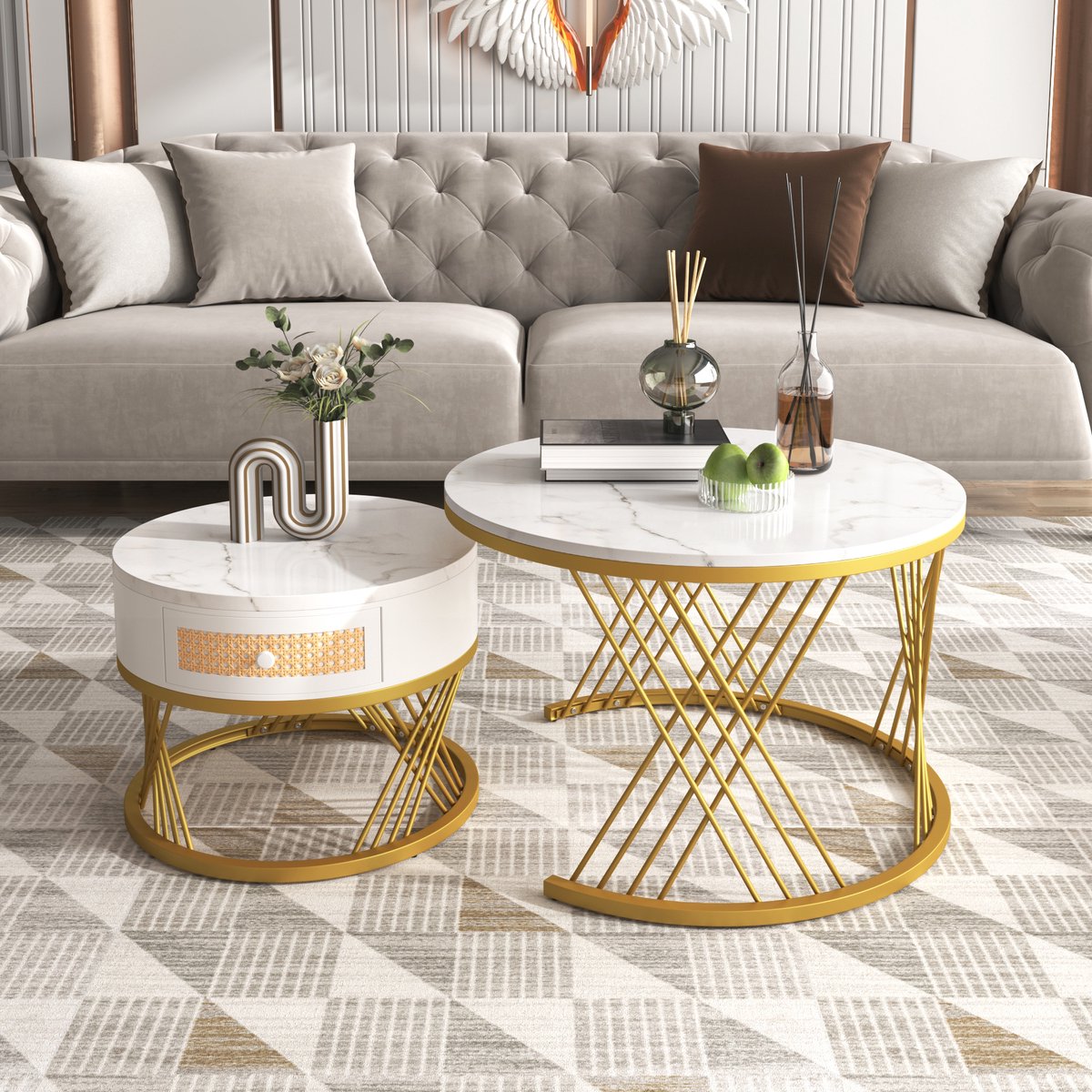 Clruro Salontafel Set - 70x70 + 50x50 cm - 2-in-1 Rond Marmerlook - met Rattan en Goud - MDF - Goud